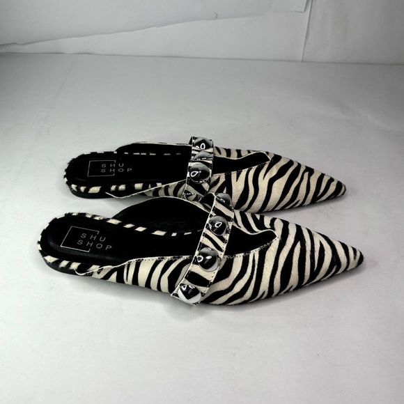 Shu Shop Alma Leather Zebra Hair Mules Ballerina Silver Pointed Toe Womens - Picture 4 of 10